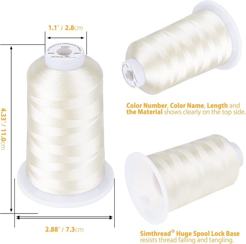 simthread Embroidery Thread 5500 Yards Ivory 902, 2 Huge Spools 40wt Polyester for Brother, Babylock, Janome, Singer, Pfaff, Husqvarna, Bernina Machine - Image 2